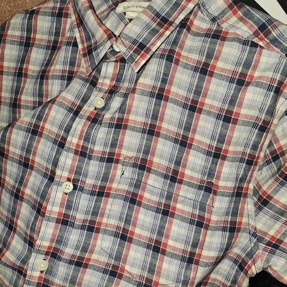Sun + Stone Mens Red-Blue Plaid Short Sleeve Button down Shirt Size Small - Picture 4 of 4